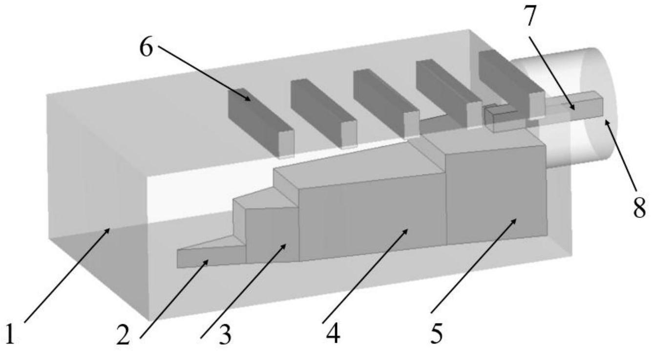 一种介质加载梯形阶梯脊波导与同轴线转换输能装置
